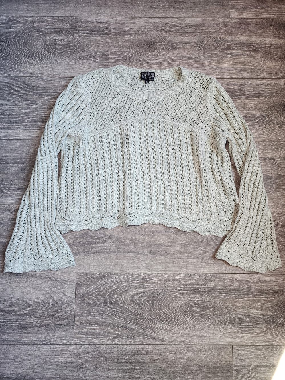 Light Sage Crochet Knit Sweater Bell Sleeve Cropped XL Fall